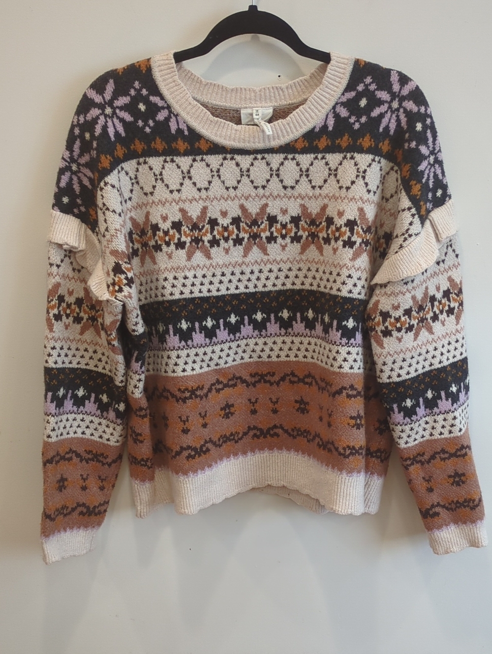 Whimsical Festive Fall Thought Fair Isle Sweater Cream Orange Purple Brown Sz 12